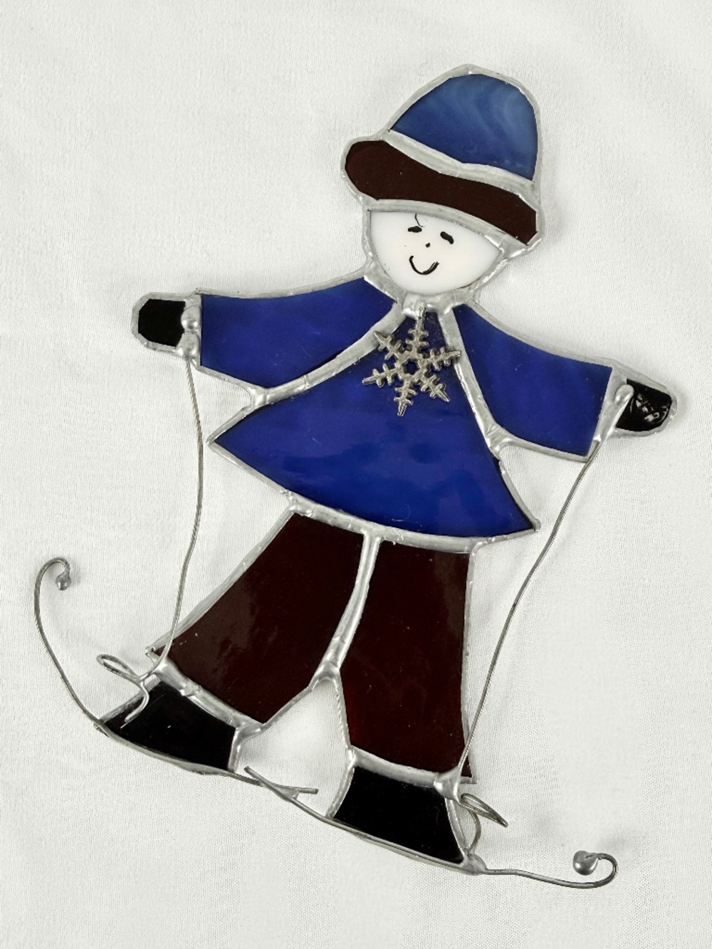 Stain Glass Suncatcher Skier Red and Blue w Snowflake Charm 6 in Excellent